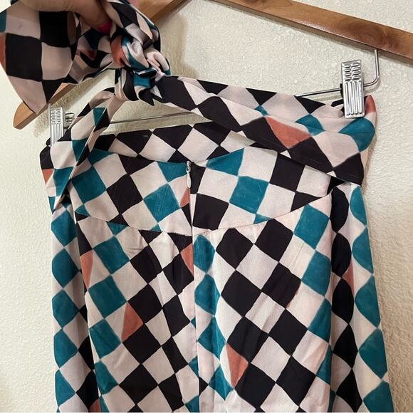 PatBo Check Print Tie Waist High Rise Slit Wide Leg Satin Pants 4 FLAWED - Picture 10 of 12